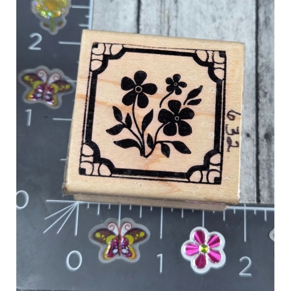 Magenta Flower Plant Framed Design Leaves Rubber Stamp Wood #P72